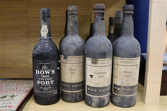 Twelve assorted bottles of port including Warres, 1955(2), Cockburn, 1955(1) all Wine Society